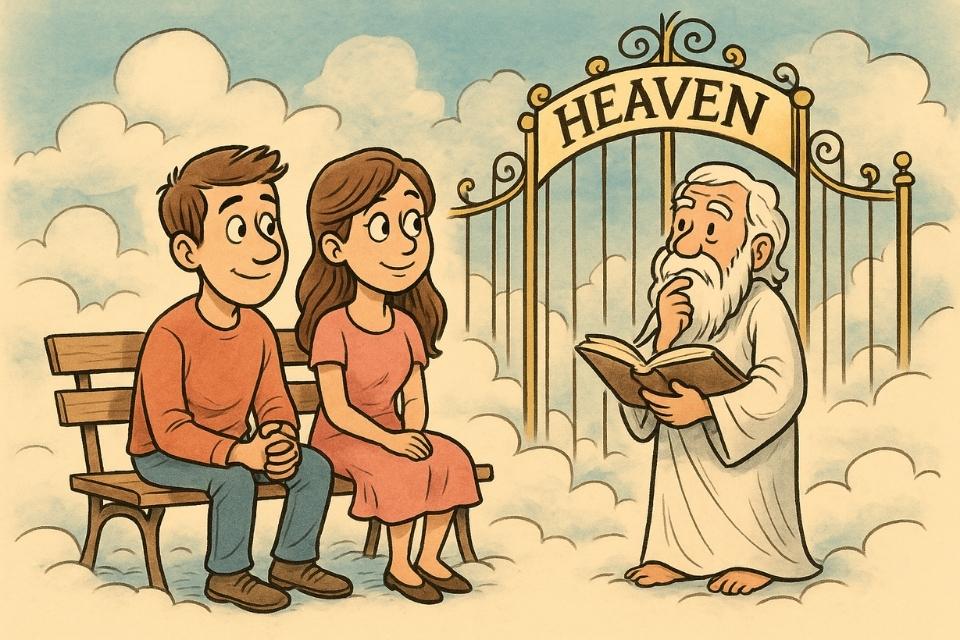 waiting at the pearly gates of heaven
